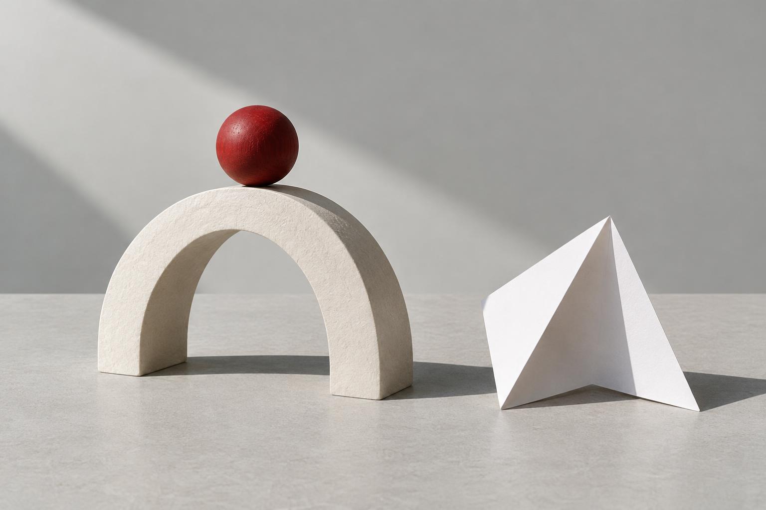 A red sphere balanced on a sculptural arch beside a folded paper form
